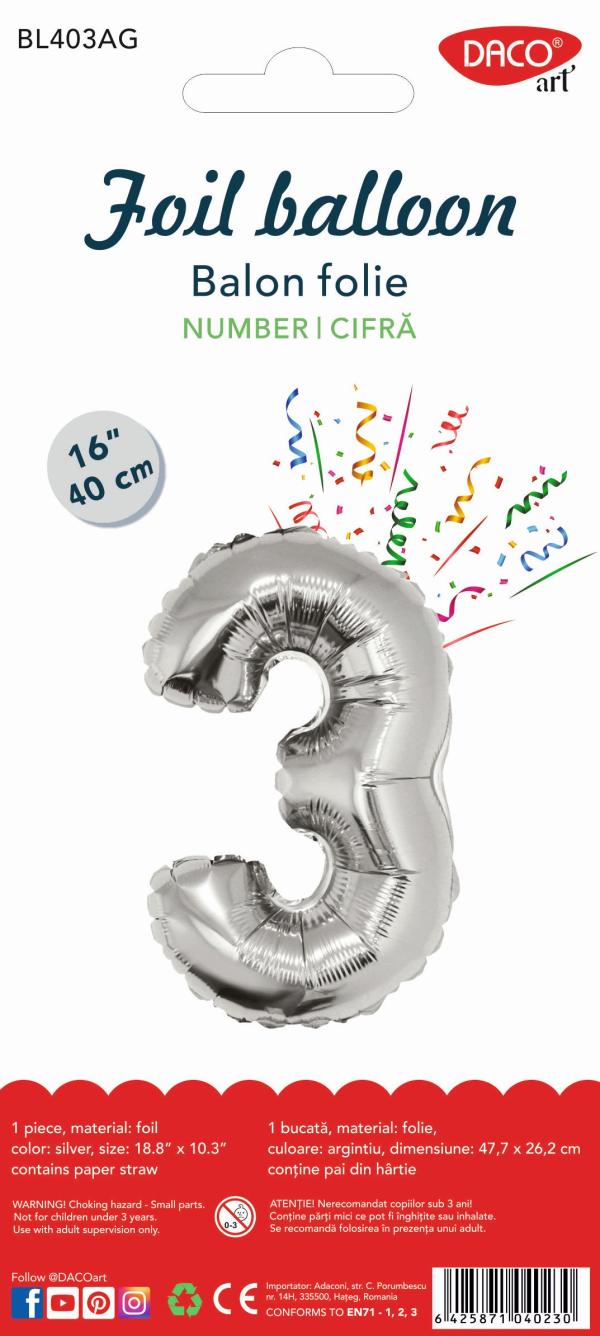 BALON FOLIE CIFRA 3 ARGINTIU 40 CM DACO BL403AG